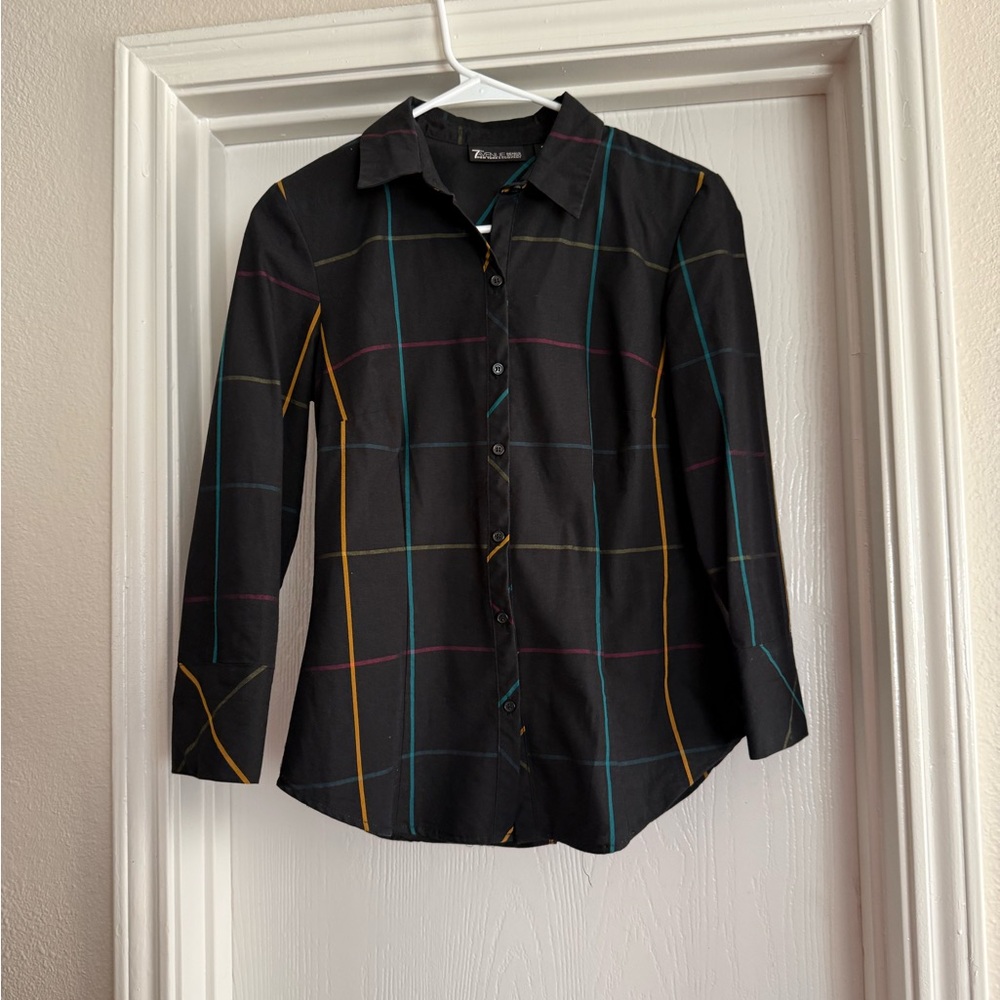 New York & Company Black Plaid Blouse